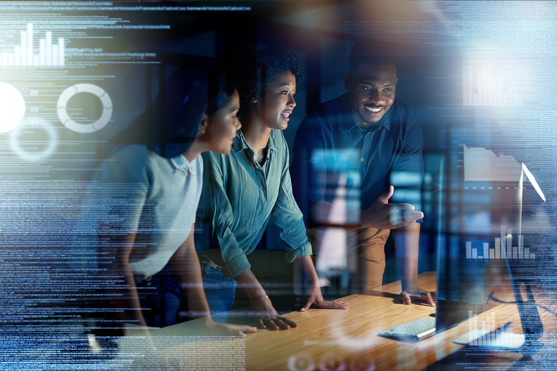 Overlay, futuristic and programmer team coding a future app, website or web on the internet online at night in an office. Overtime, teamwork and group of people or colleagues planning for innovation